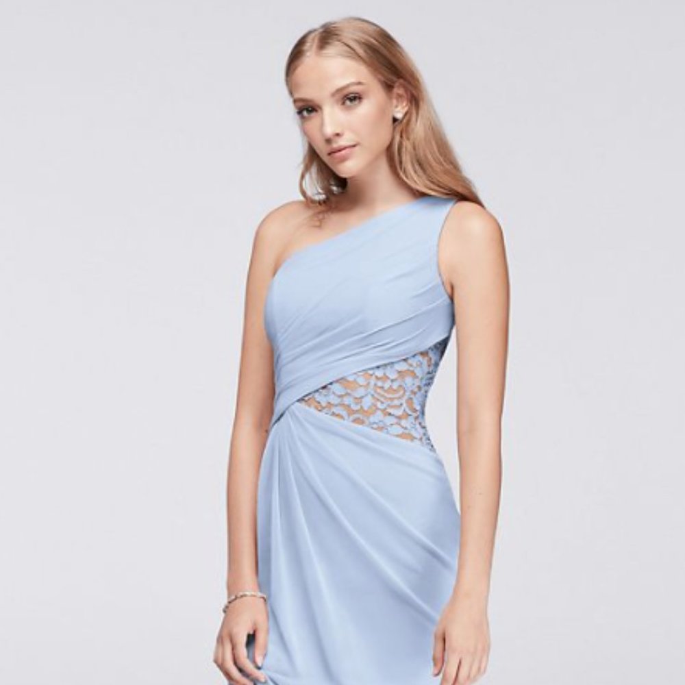 Bridesmaid Dress One-Shoulder Mesh Dress with Lace Inset